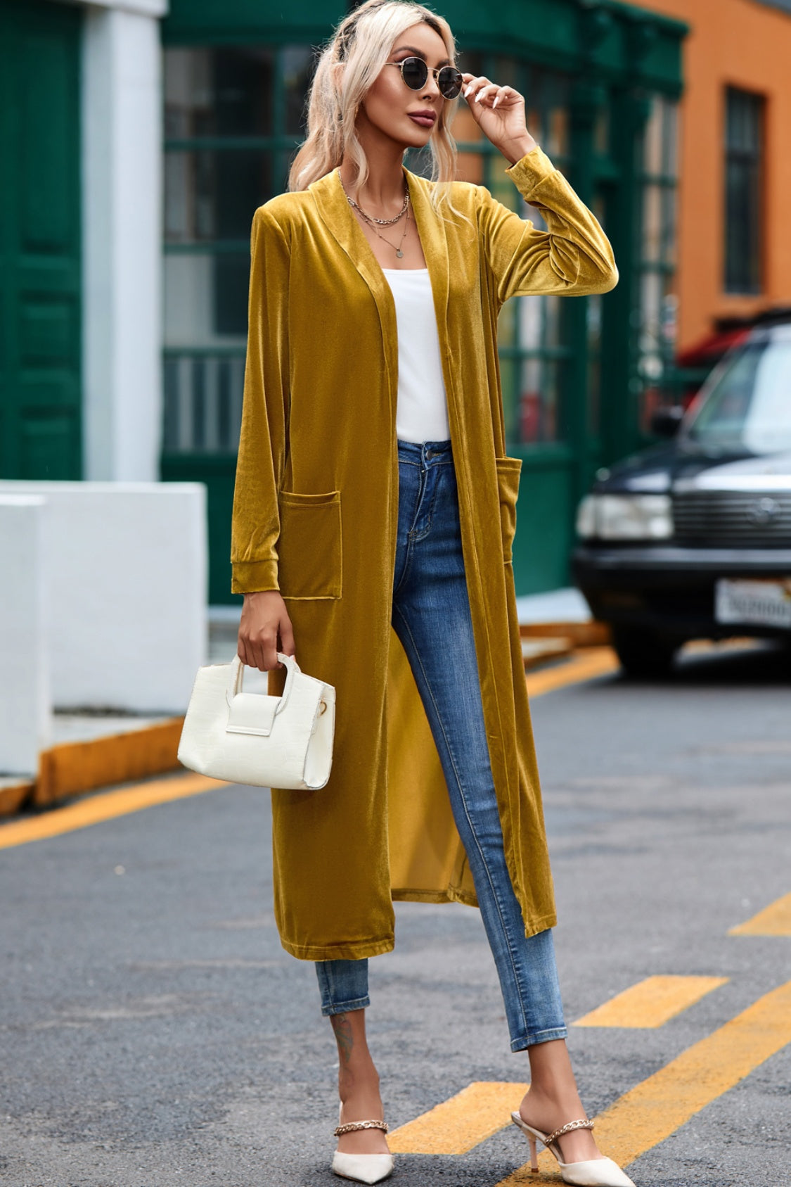 Velvet Open Front Long Cardigan Pockets (3)
