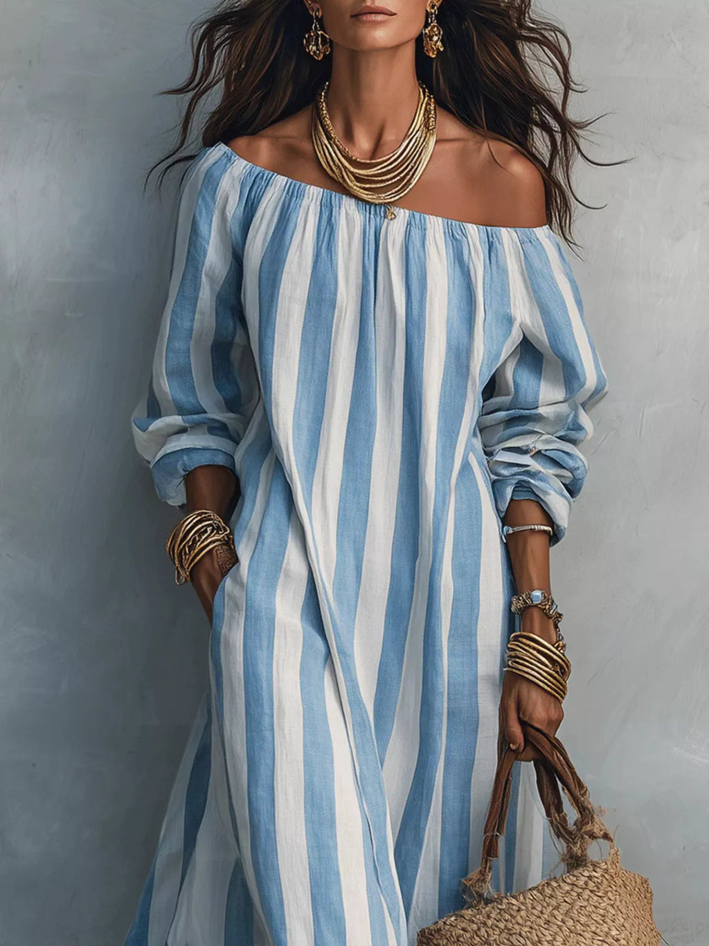 Off-shoulder Striped Dress Pockets (6)