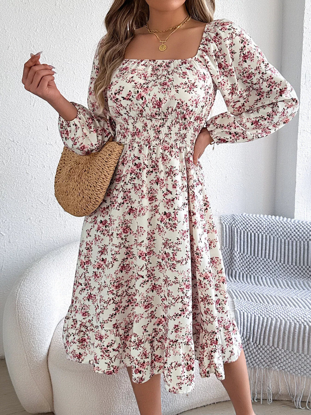 Floral Print Long Sleeve Square Neck Midi Dress (24)