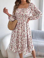 Floral Print Long Sleeve Square Neck Midi Dress (24)