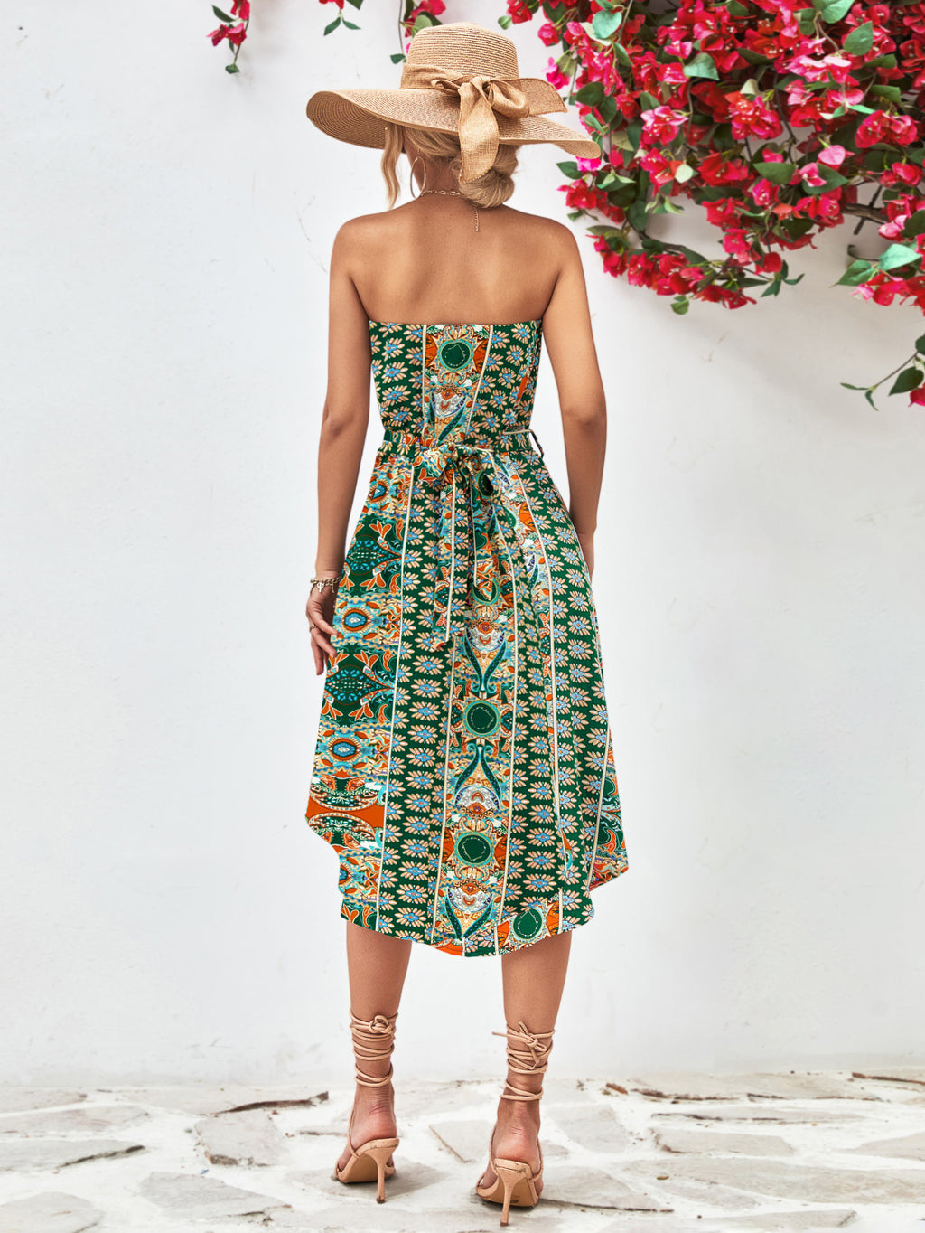 Printed Strapless Tie Belt Dress (12)