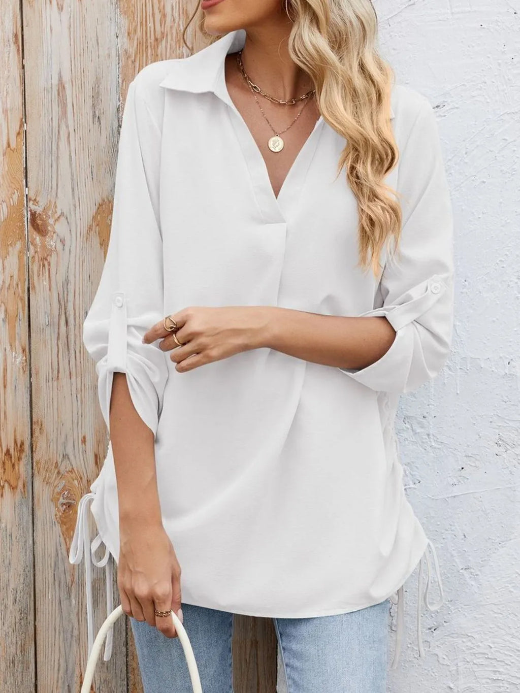 Drawstring Johnny Collared Three-quarter Sleeve Top (20)
