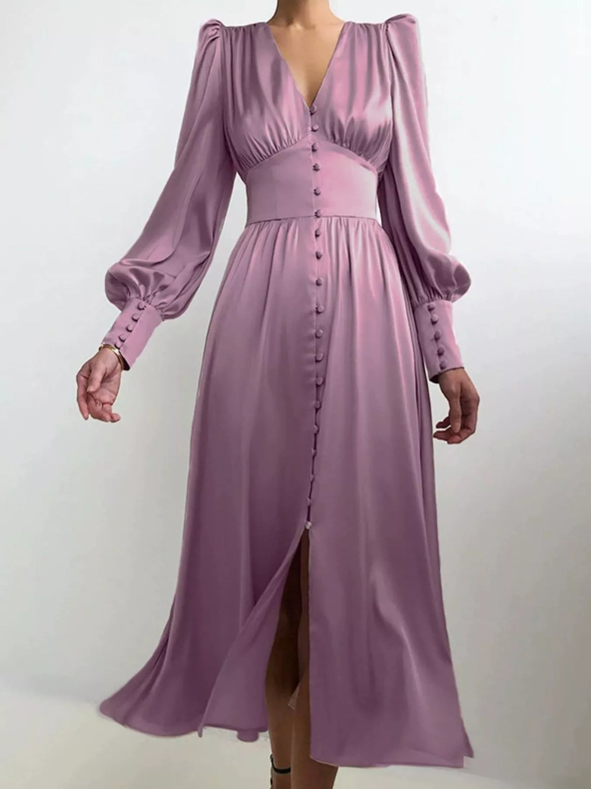 Elegant V-neck Puff Sleeve Button-down Midi Dress (15)