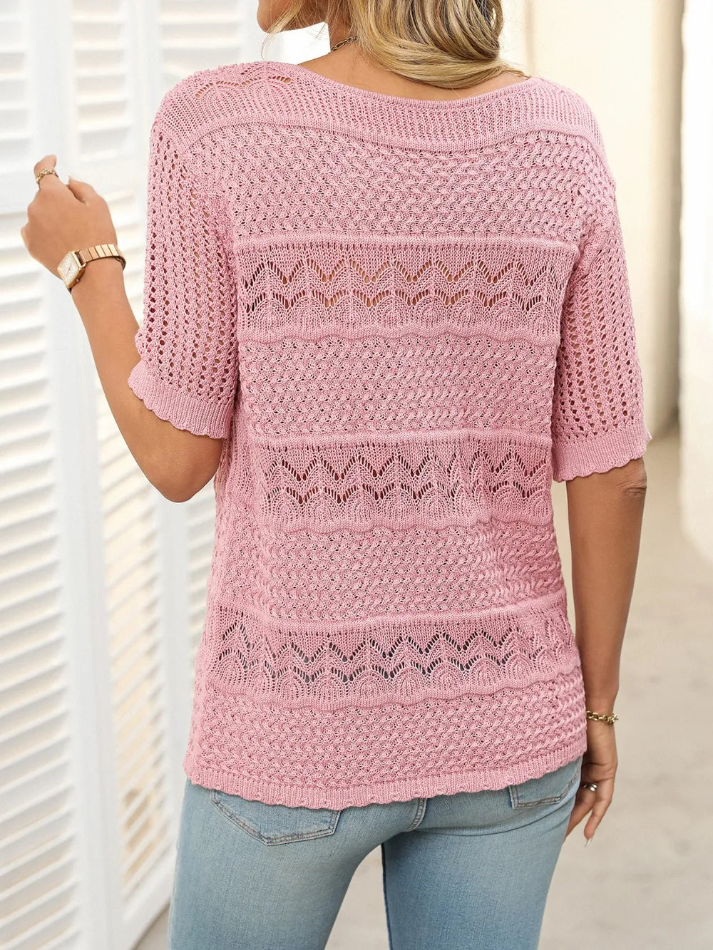 Openwork Round Neck Half Sleeve Knit Top (4)