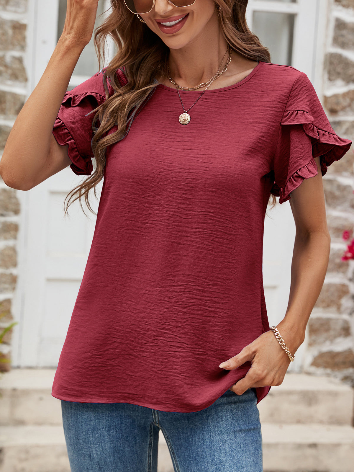 Textured Petal Sleeve Round Neck Tee (5)