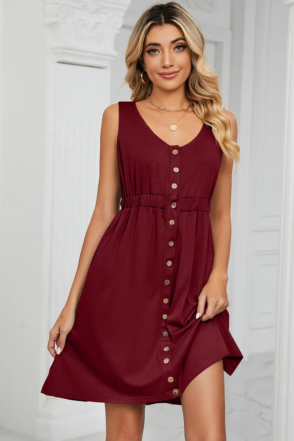 Buttoned Wide Strap Mini Dress (3)