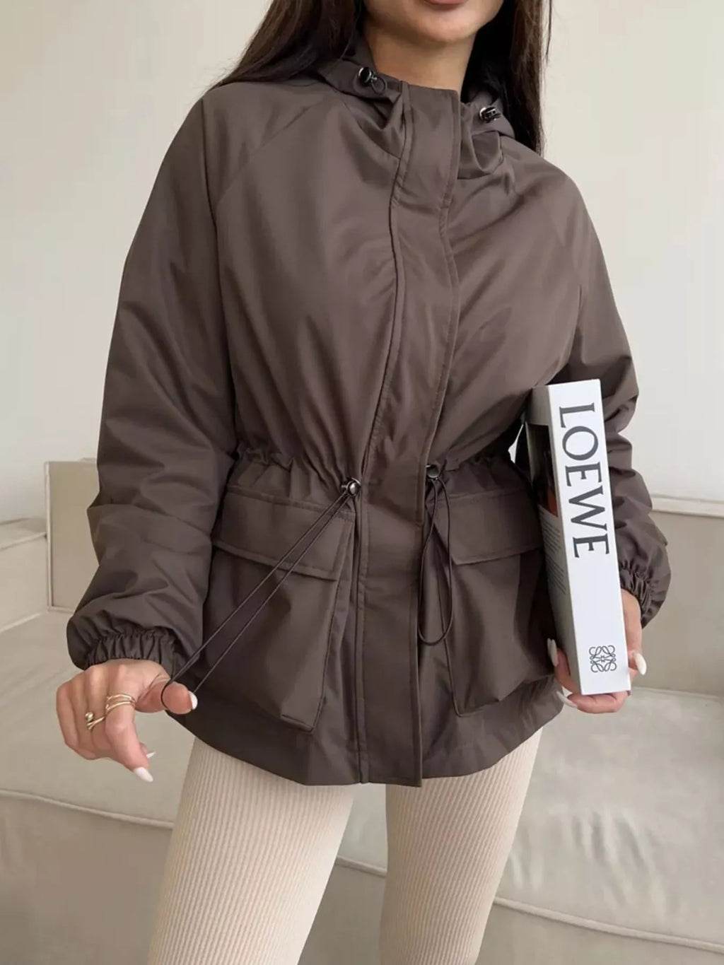 Drawstring Waist Hooded Windbreaker Outerwear (3)