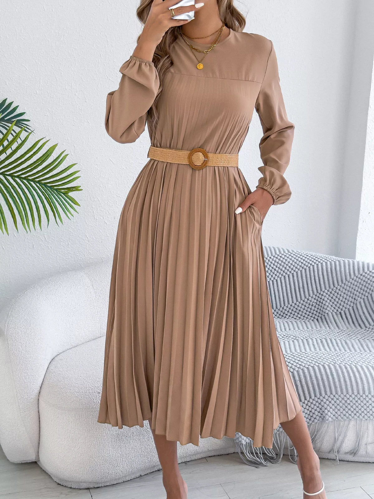 Pleated A-line Midi Dress