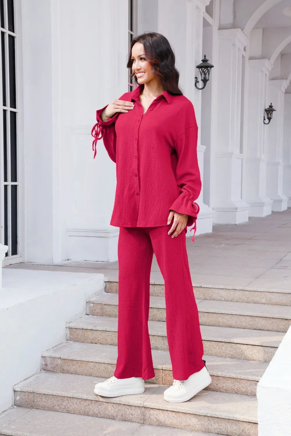 Drawstring Flounce Sleeve Shirt Pants Set (17)