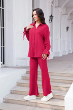 Drawstring Flounce Sleeve Shirt Pants Set (17)