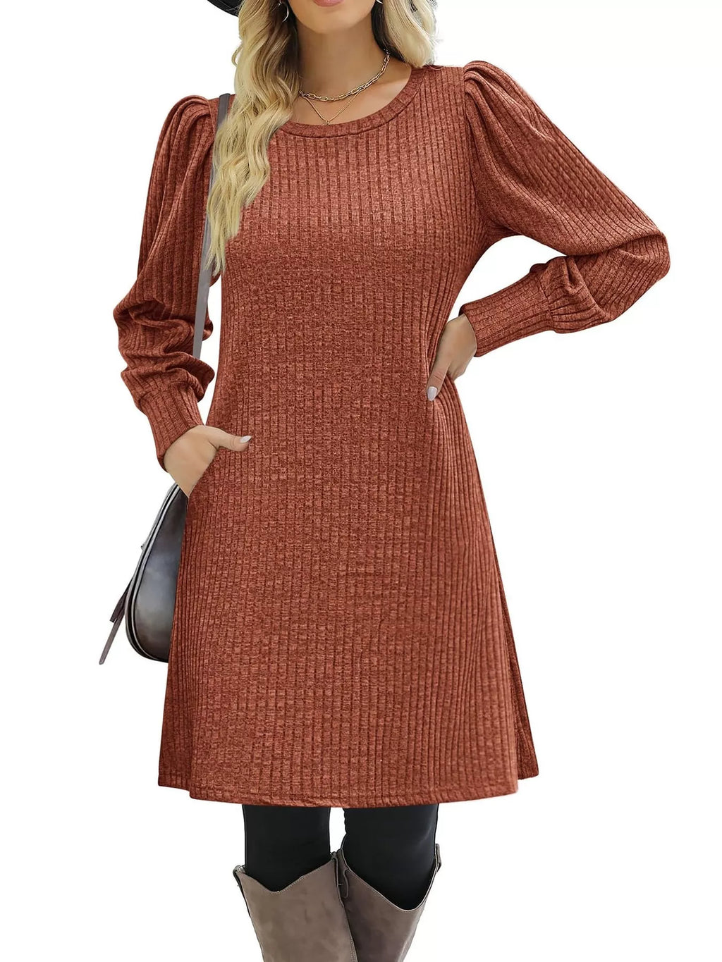 Puff Sleeve Ribbed Knit Dress Pockets (6)