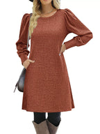 Puff Sleeve Ribbed Knit Dress Pockets (6)