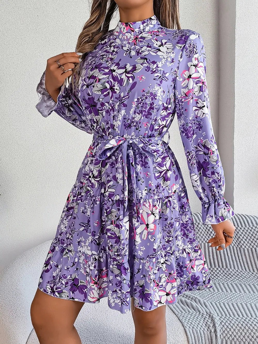 Printed Mock Neck Flounce Sleeve Mini Dress (8)