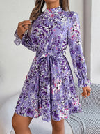 Printed Mock Neck Flounce Sleeve Mini Dress (8)