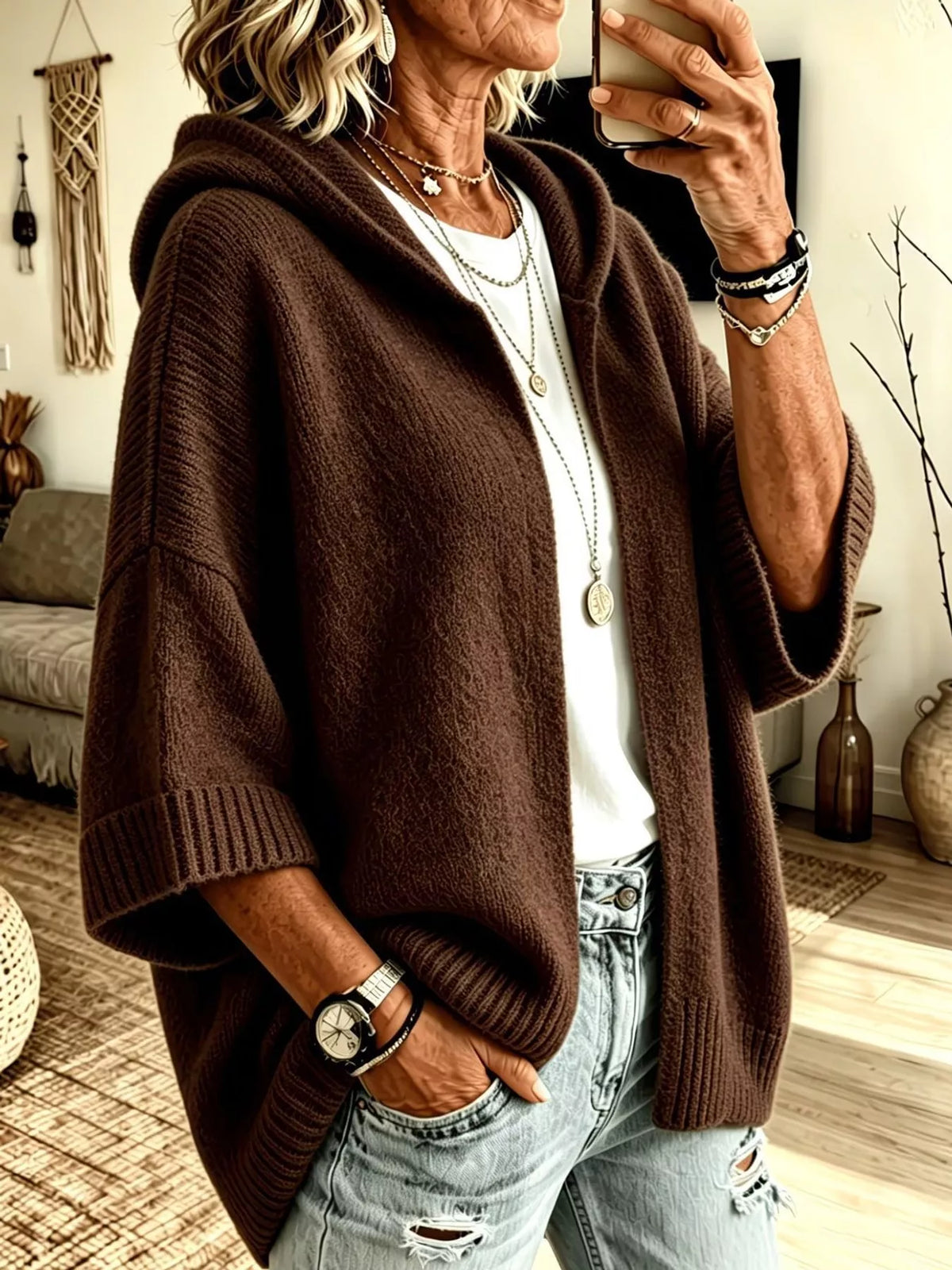 Full Size Hooded Open-front Knit Cardigan Plus (20)