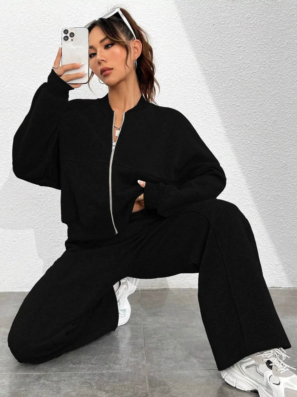 Casual Solid Color Zipper Jacket Wide Leg Pants Set (18)