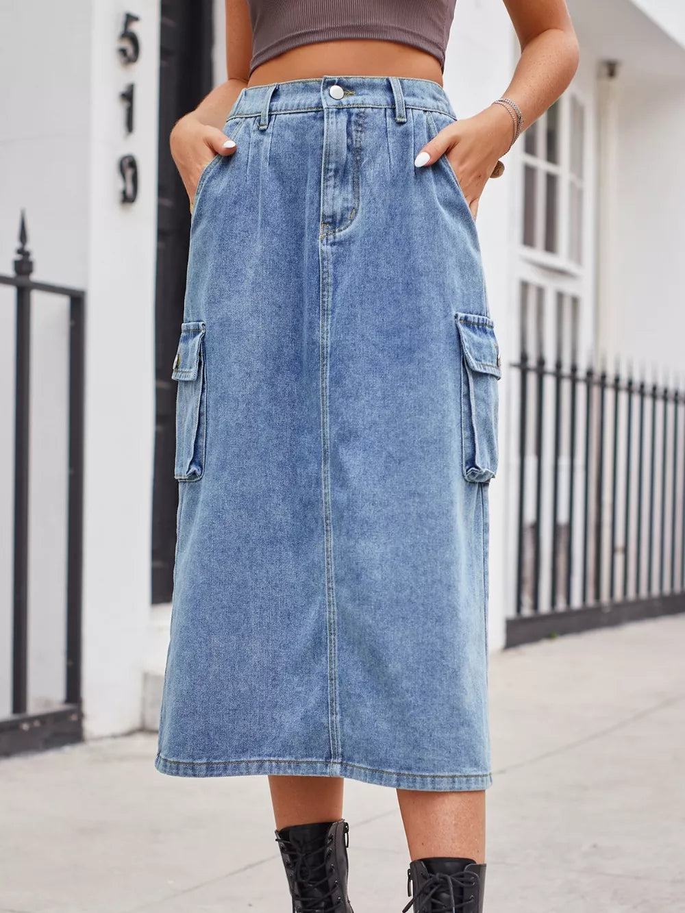 Slit Buttoned Denim Skirt Pockets