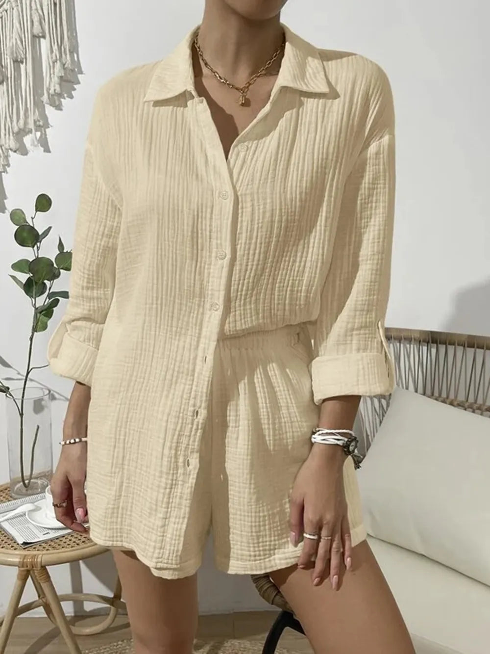 Dropped Shoulder Button Up Top Elastic Waist Shorts Set (16)
