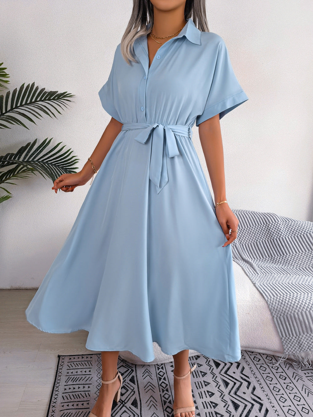 Short Sleeve Collared Tie Belt Dress (4)