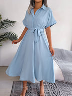 Short Sleeve Collared Tie Belt Dress (4)