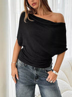 Off-shoulder Ruched Knit T-shirt (12)