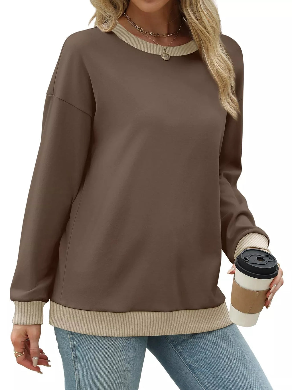 Contrast Trim Crew Neck Casual Sweatshirt (15)