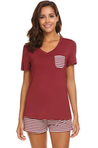 Striped Short Sleeve Top Shorts Lounge Set (19)