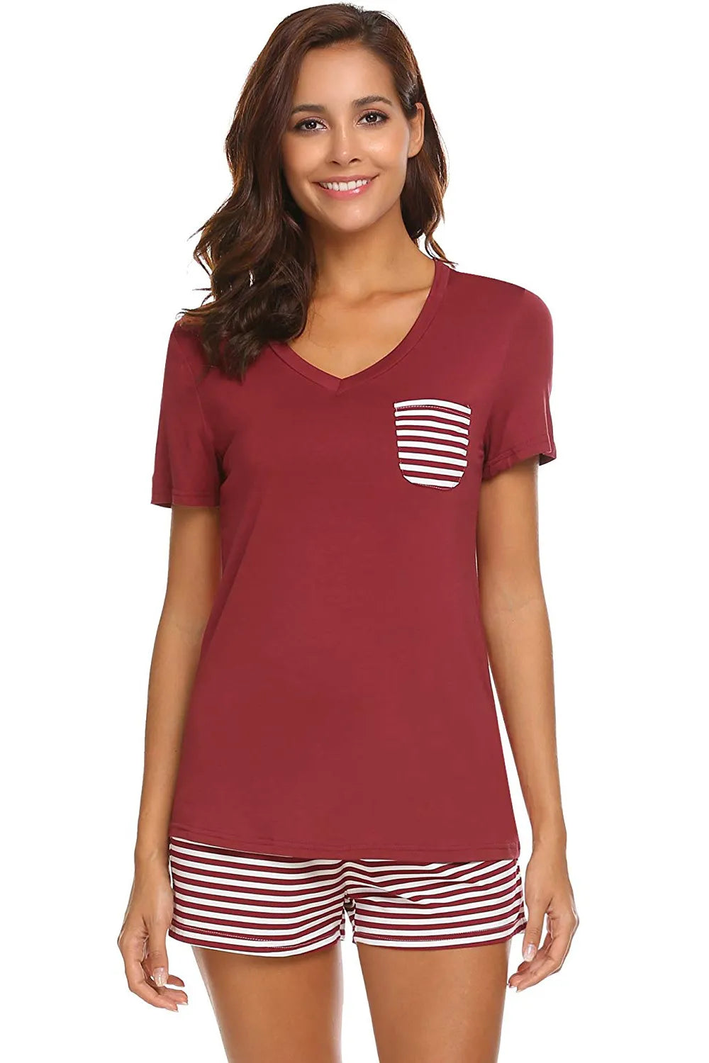 Striped Short Sleeve Top Shorts Lounge Set (19)
