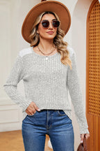 Eyelet Ribbed Round Neck Long Sleeve T-shirt (14)