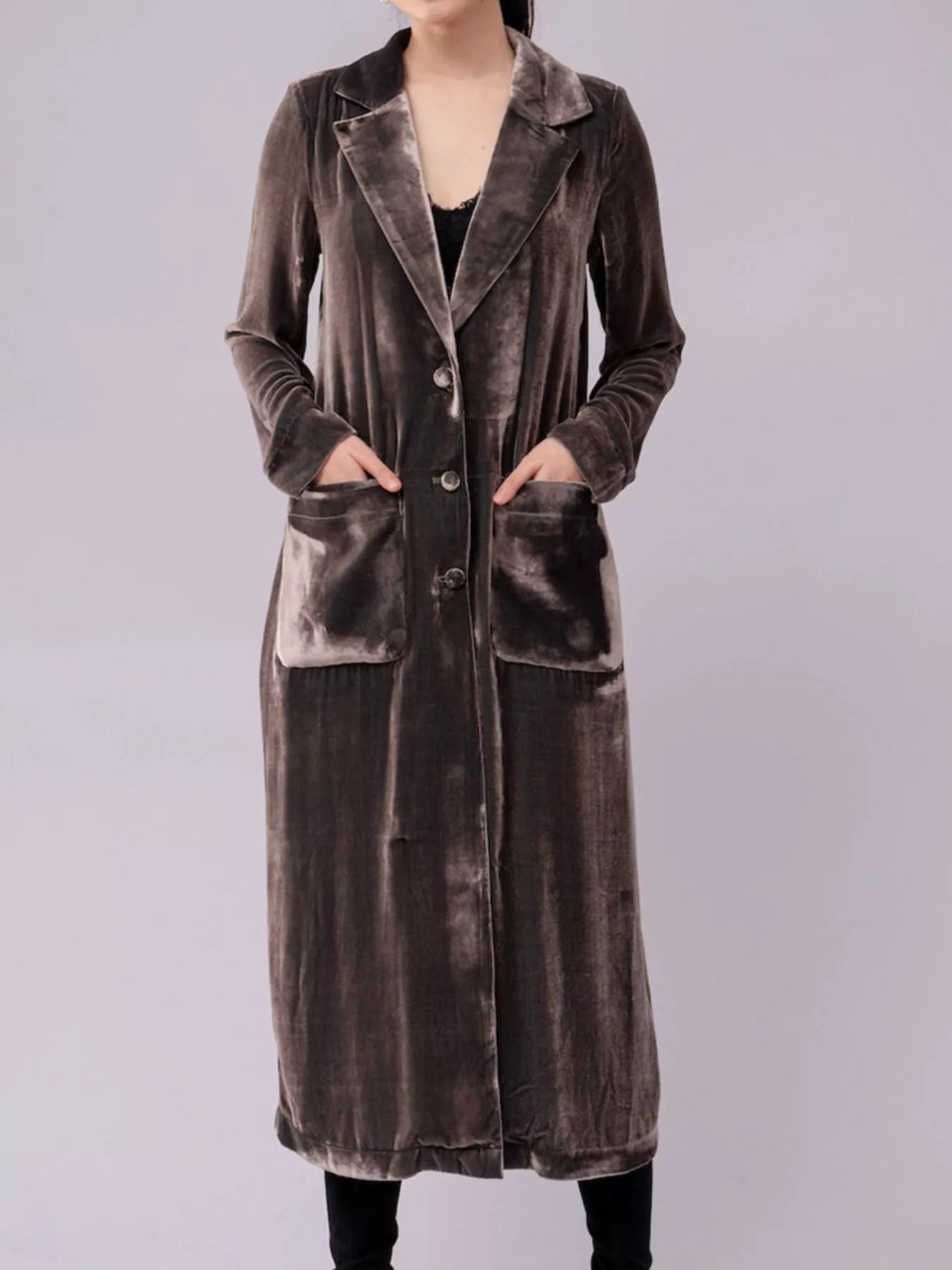 Velvet Lapel Collar Longline Coat (4)