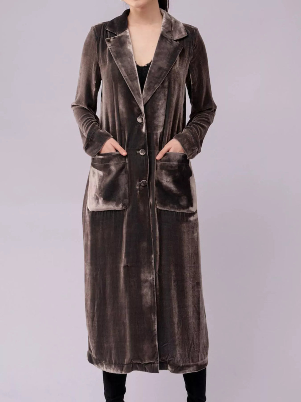 Velvet Lapel Collar Longline Coat (4)