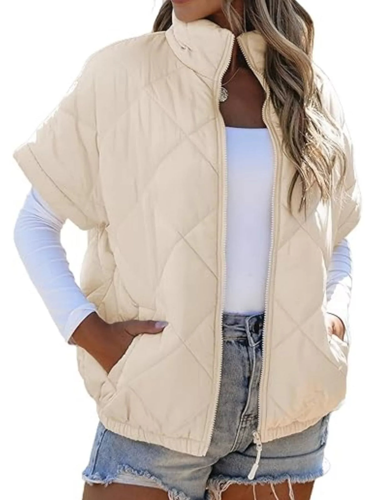 Quilted Zip Up Short Sleeve Winter Coat (5)