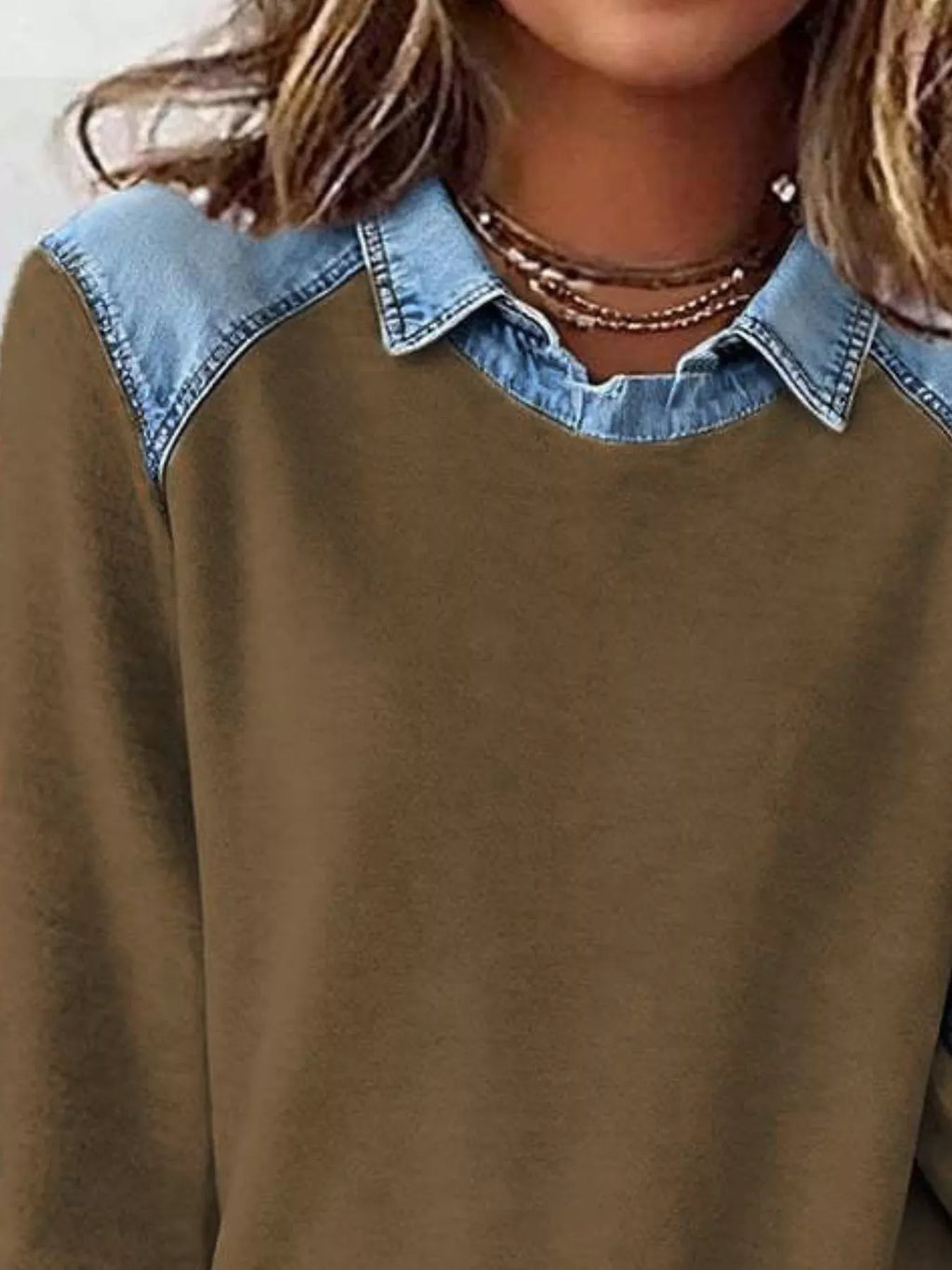 Full Size Denim Trim Long Sleeve Top Plus (14)