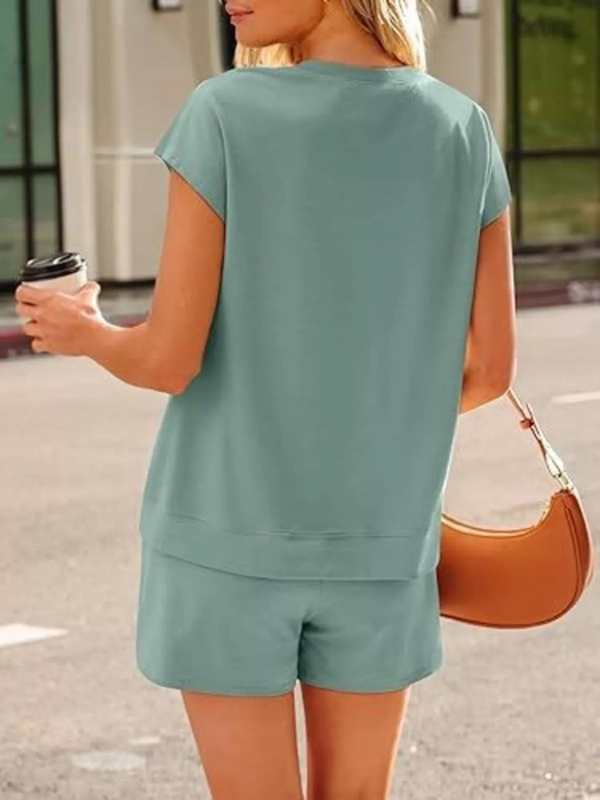 Button Detail Short Sleeve Top Shorts Set (2)