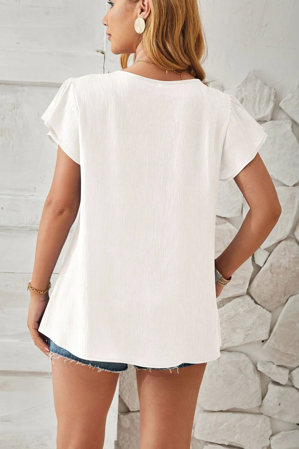 Ruched V-neck Flounce Sleeve Blouse (2)