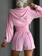 Zip Up Hooded Outerwear Shorts Set (17)