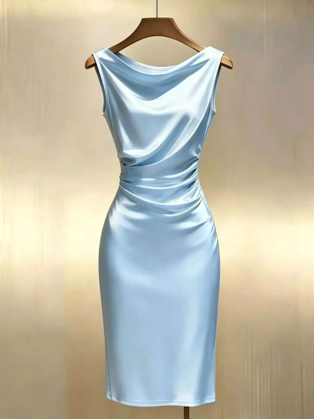 Satin Cowl Neck Ruched Sleeveless Dress (2)