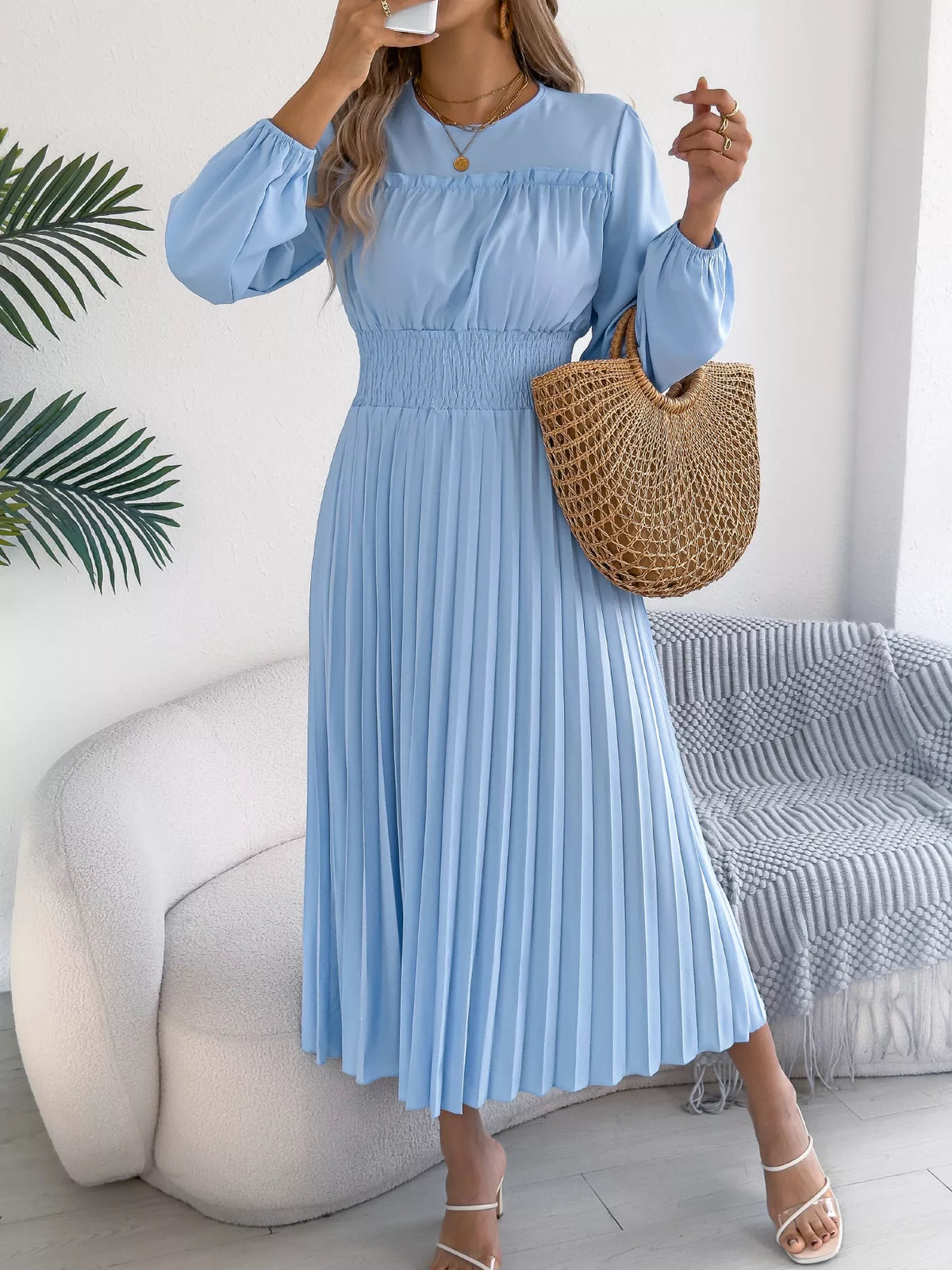 Smocked Pleated Long Sleeve Midi Dress (15)