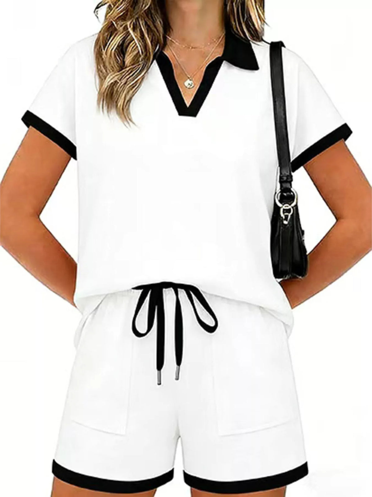 Polo Collar Short Sleeve Top Shorts Set (9)
