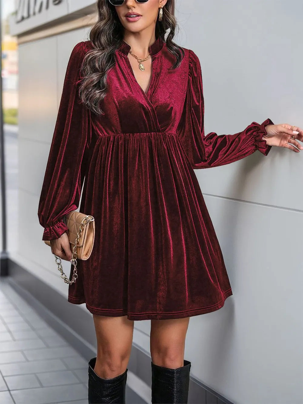 Ruched Surplice Long Sleeve Mini Dress (4)