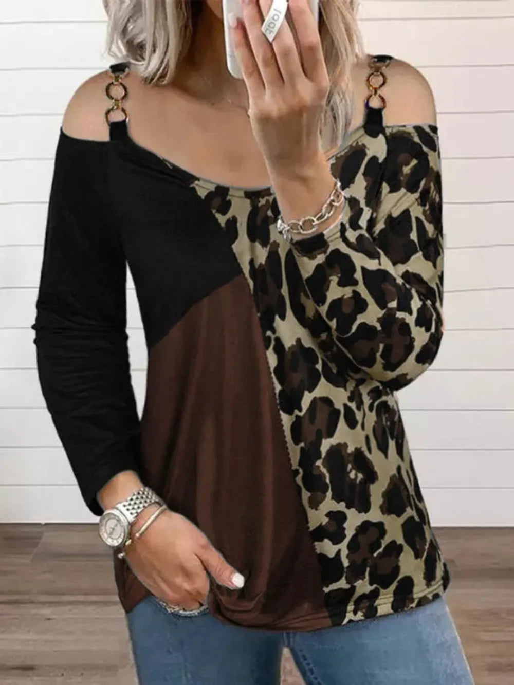 Full Size Leopard Cold Shoulder Long Sleeve T-shirt (4)