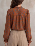Geometric Print Mock Neck Puff Sleeves Blouse (5)