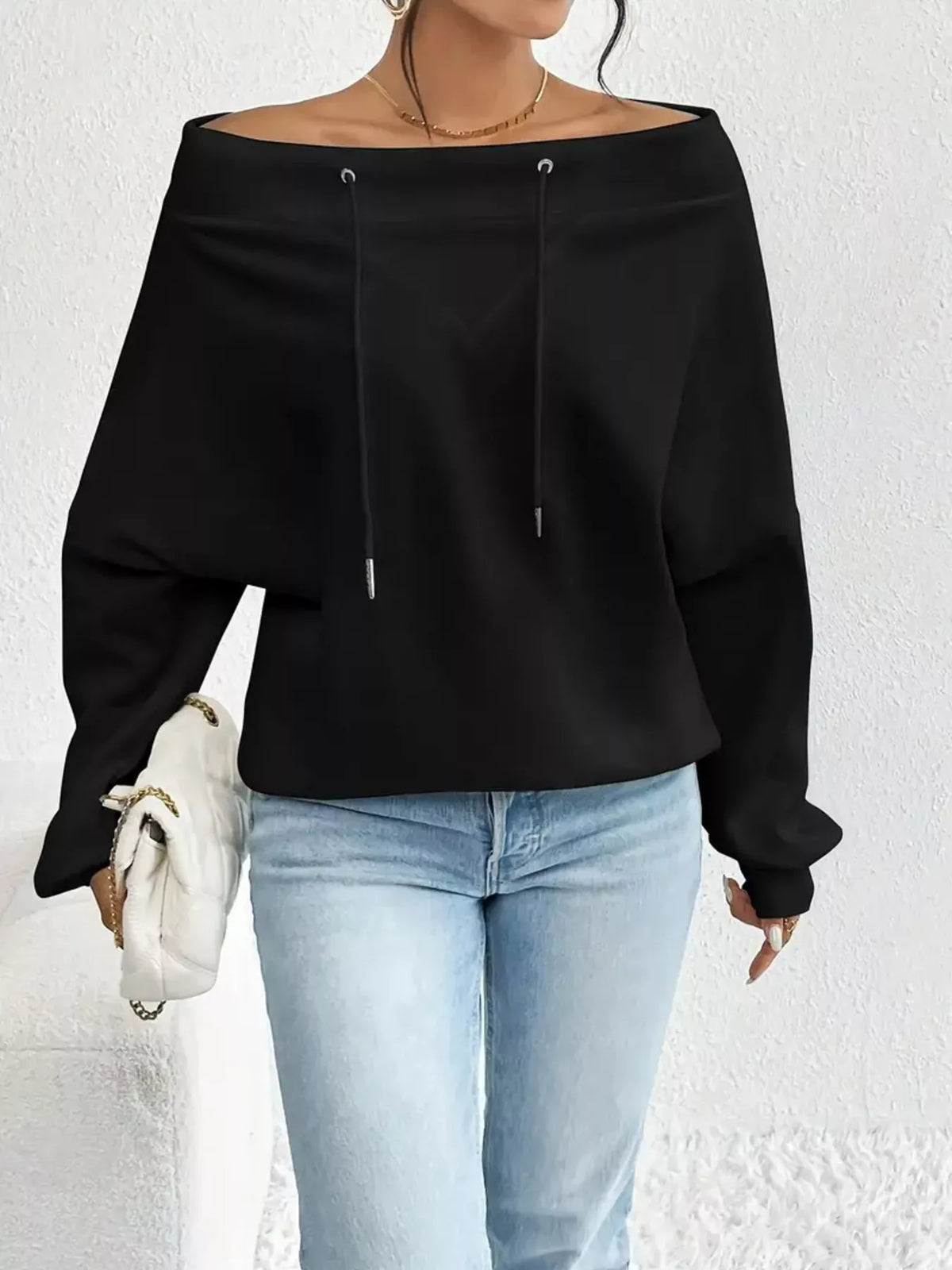 Full Size Off-shoulder Drawstring Long Sleeve Top Plus