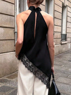 Polka Dot Lace Trim Asymmetrical Hem Sleeveless Blouse (12)