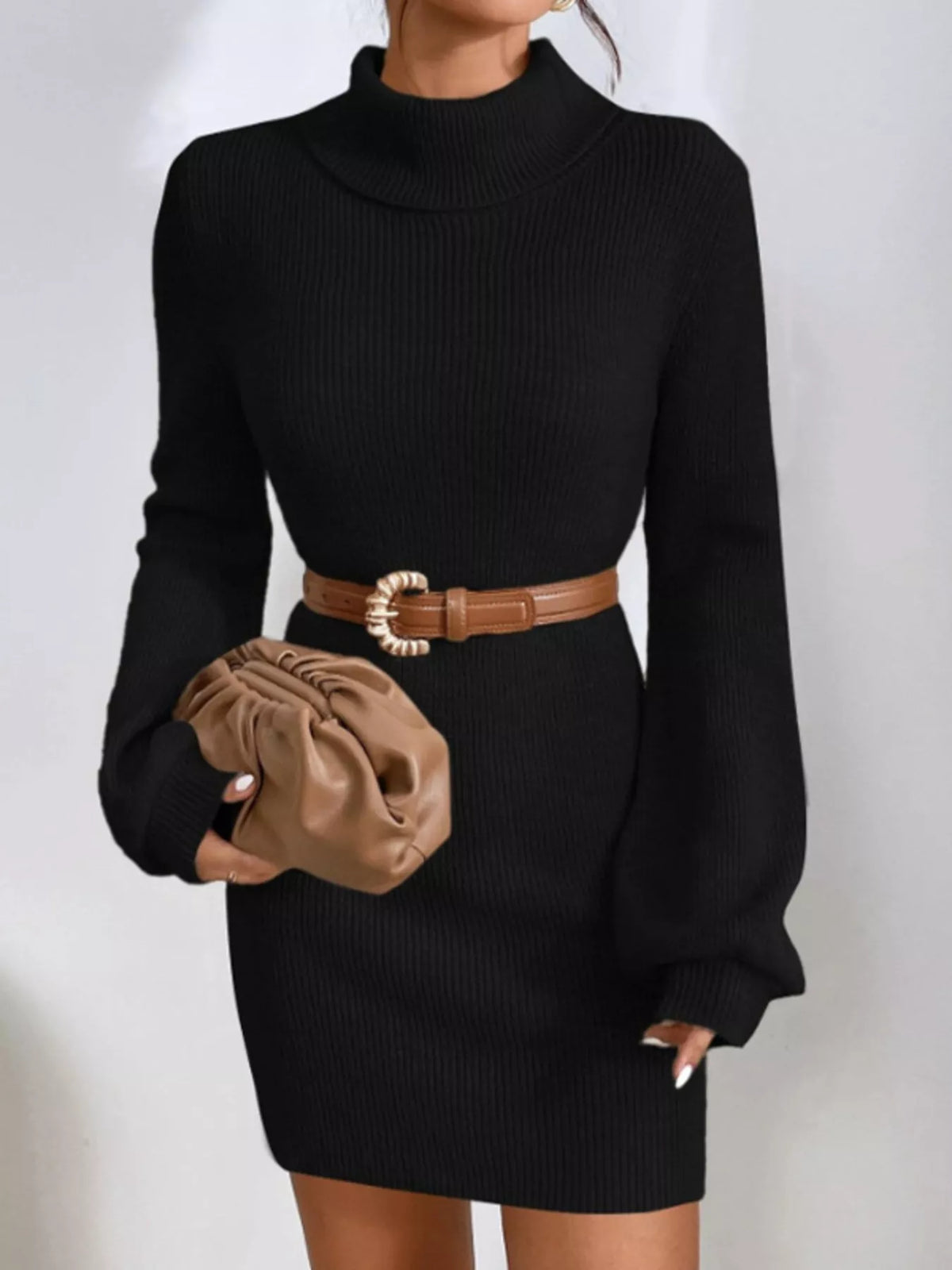 Turtleneck Ribbed Knit Sweater Dress (20)