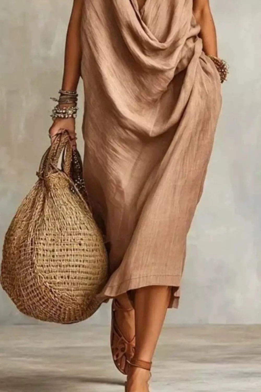 Sleeveless Drape Neck Midi Dress (6)