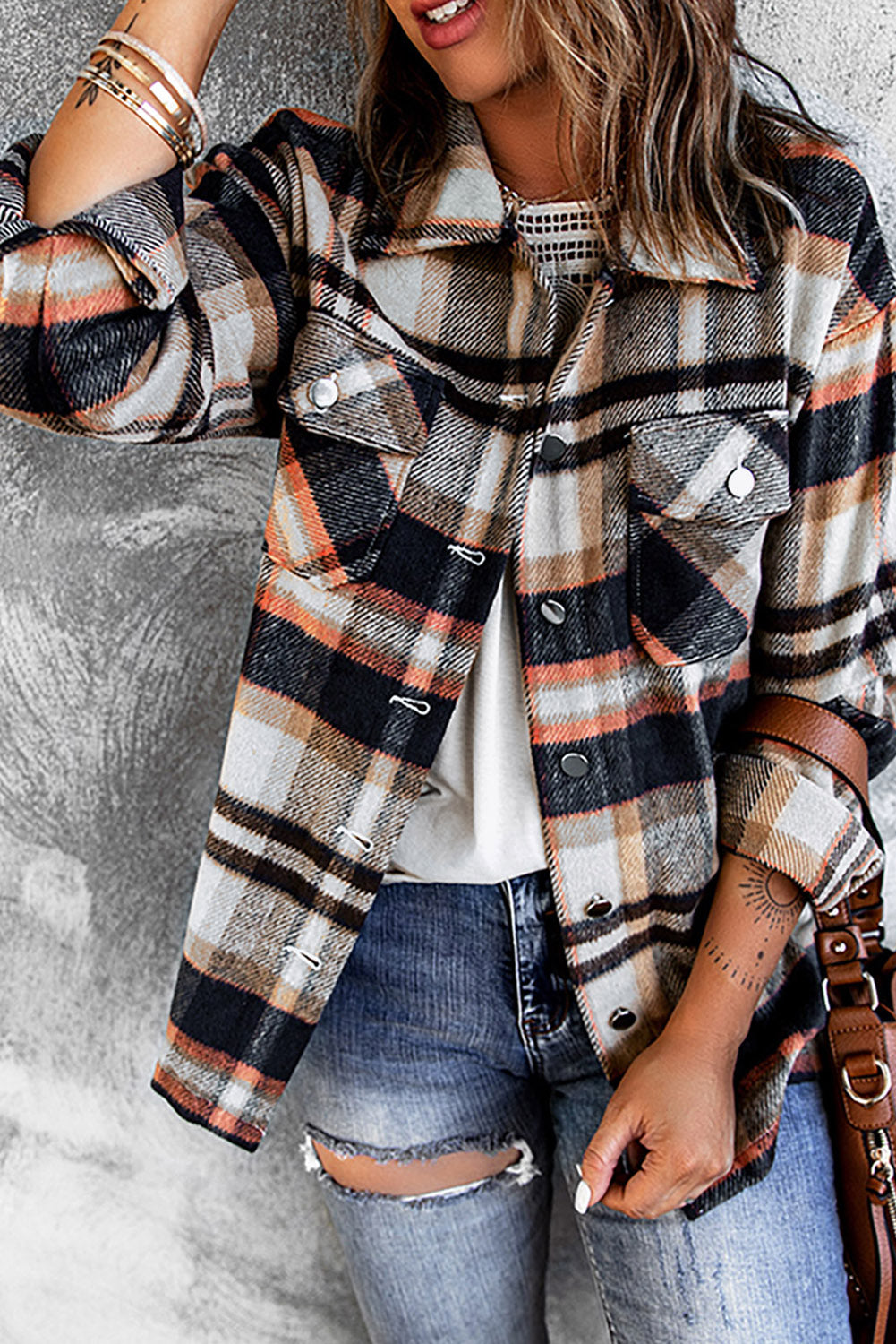 Plaid Button Front Shirt Jacket Breast Pockets (12)