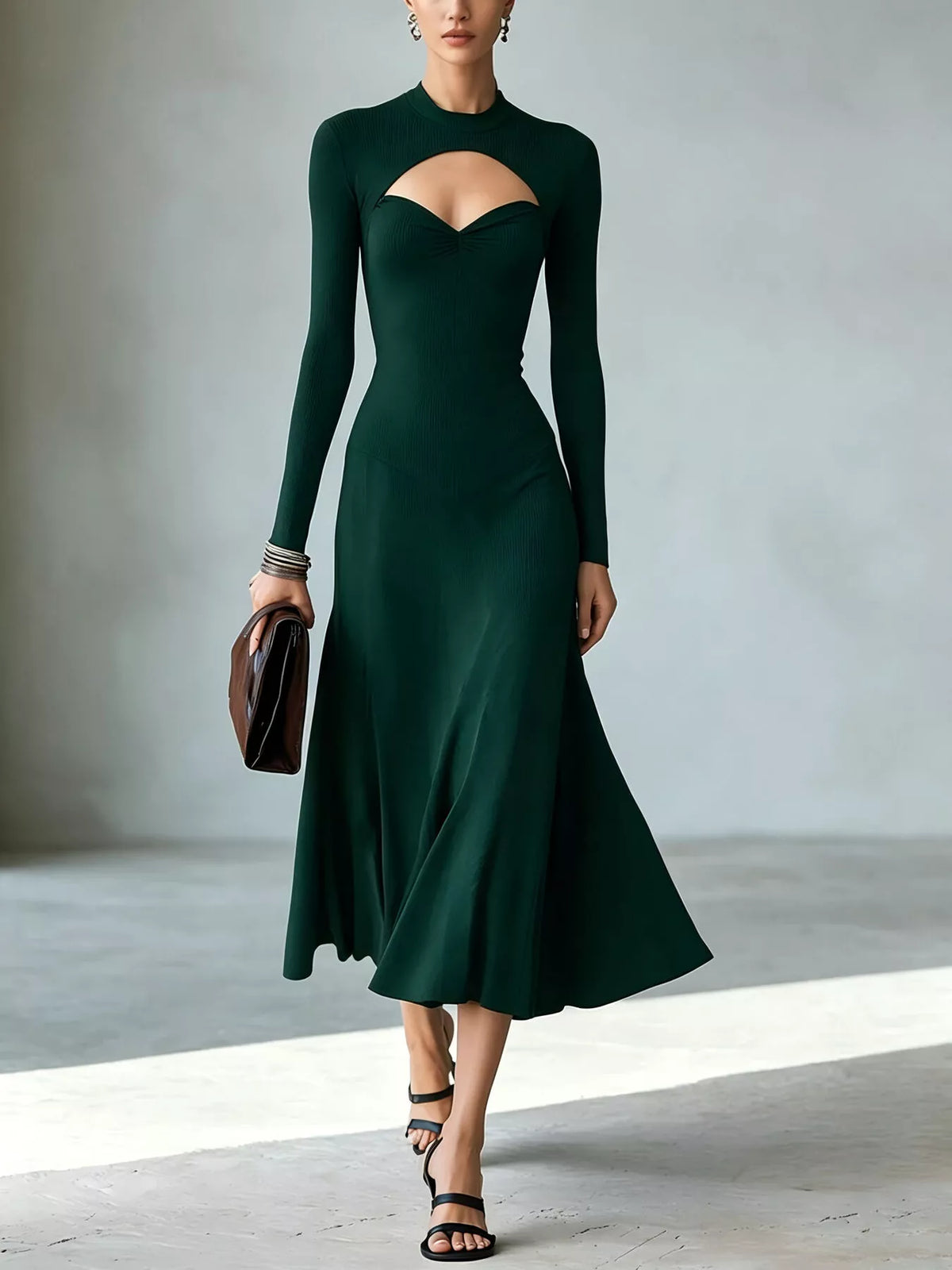 Full Size Mock Neck Cut-out Long Sleeve Midi Dress Plus (10)