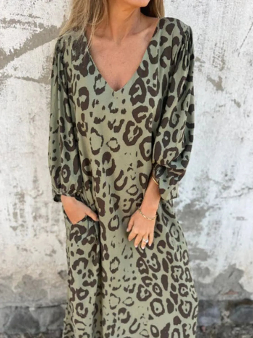 Full Size Printed V-neck Dress Pockets Plus (13)