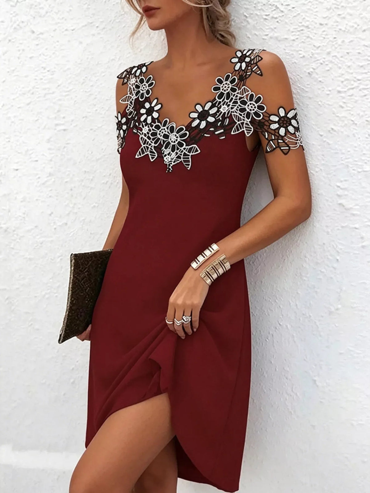 Lace Floral Trim Cold Shoulder Mini Dress (9)